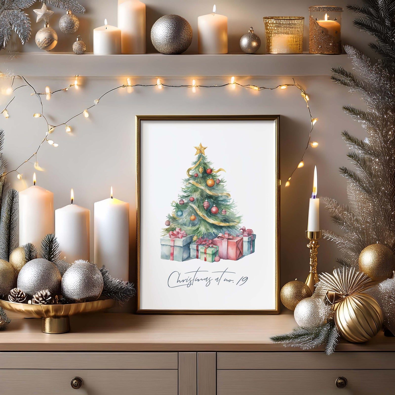 Customisable Christmas tree print with presents for gifting.