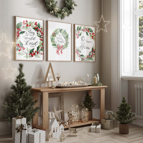 Holiday wall decor set with Christmas carol and wreath designs.