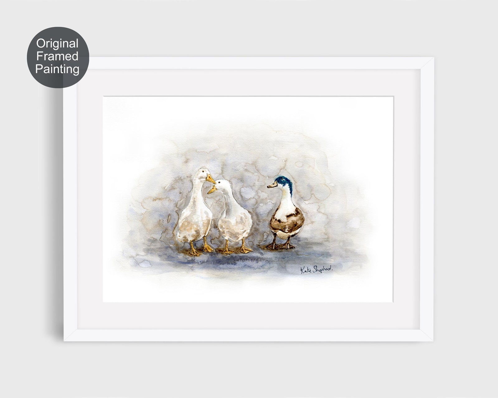 Gentle and expressive watercolour artwork of three ducks on a textured background.