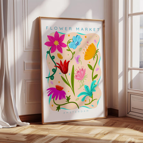Colourful digital flower market print with 'Flower Market' text. Artistic flower print for a colourful home.