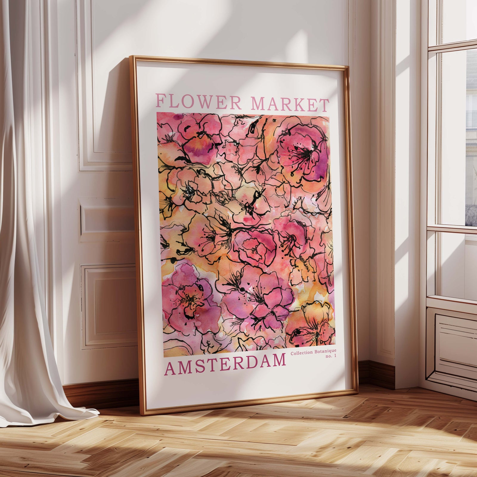 Modern maximalist flower art for home decor. Pink and orange maximalist floral art.