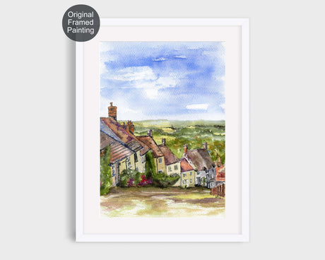 Scenic painting of Dorset’s famous Gold Hill, capturing warm tones and natural beauty.