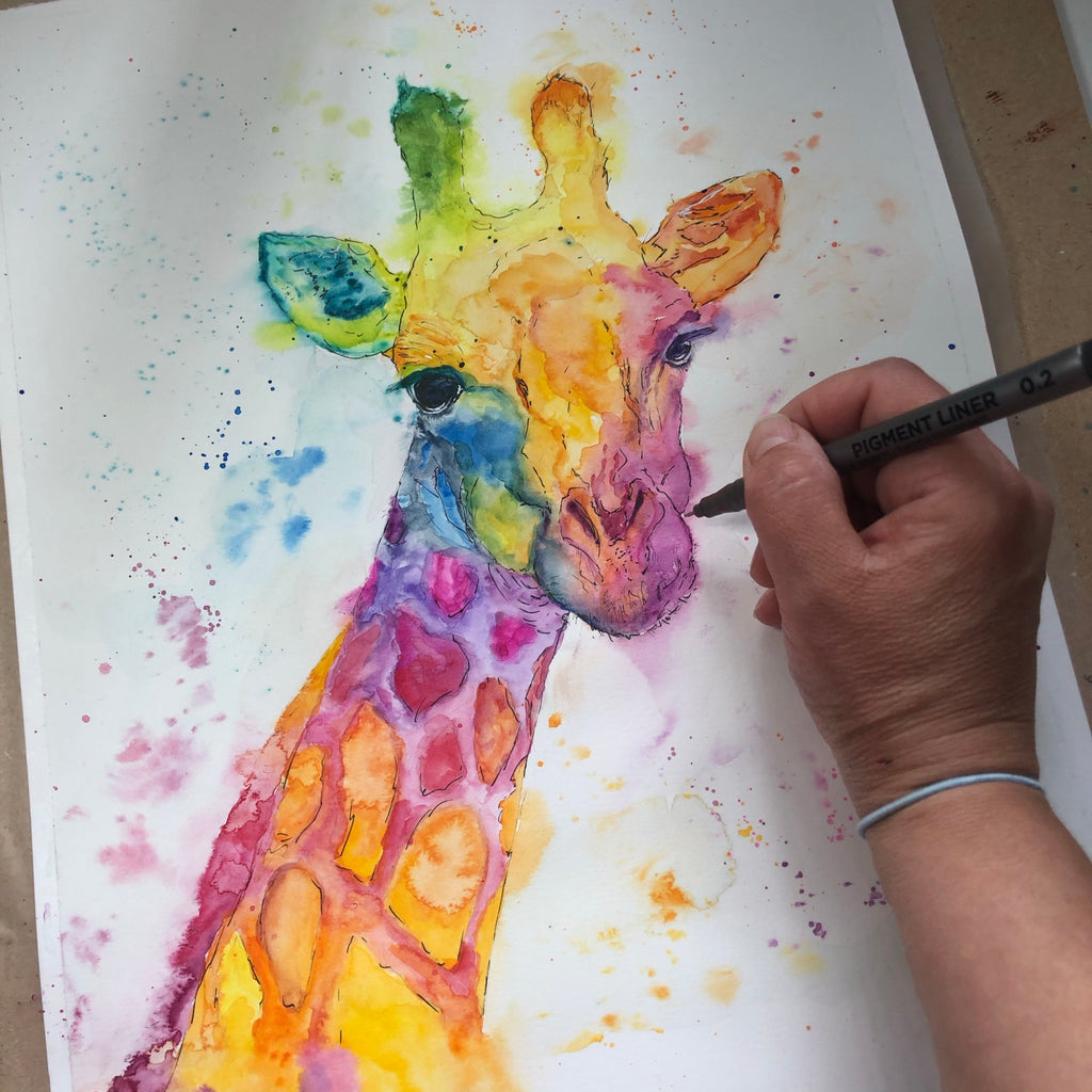 Rainbow Giraffe Painting,Giraffe Watercolor Painting,Rainbow Painted Giraffe,Line and Wash,giraffe painting tutorial