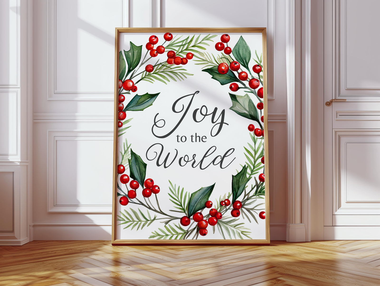 Christmas print with 'Joy to the World' and a decorative holiday wreath.