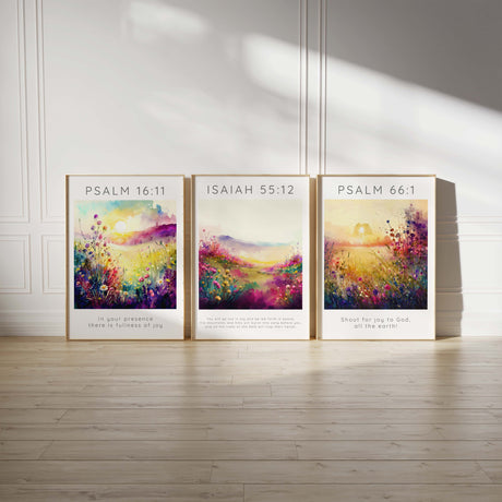 Joy Bible Verse Print Set: Psalm 16:11, Psalm 66:1, Isaiah 55:12 - Uplifting reminders in beautiful prints.