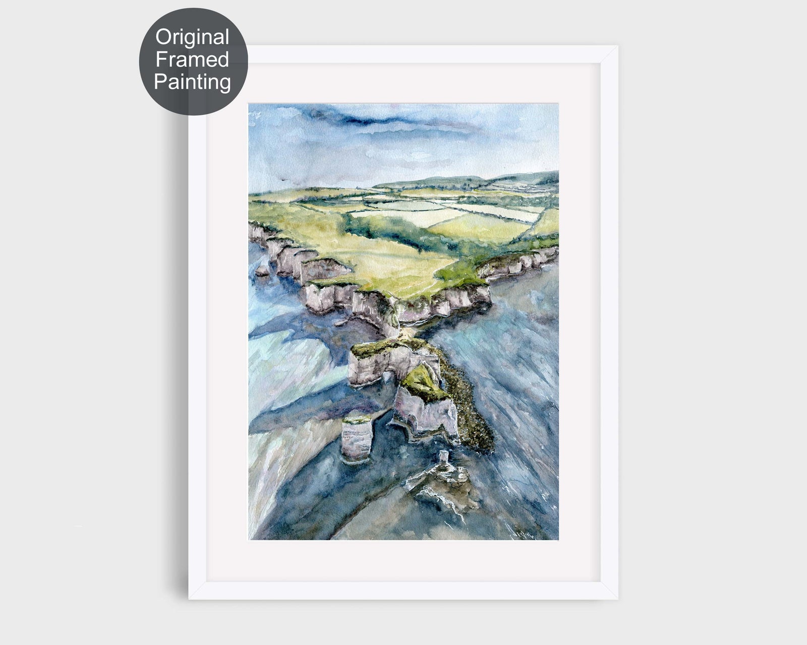 Painting of iconic Dorset coast with calm water and cliffs