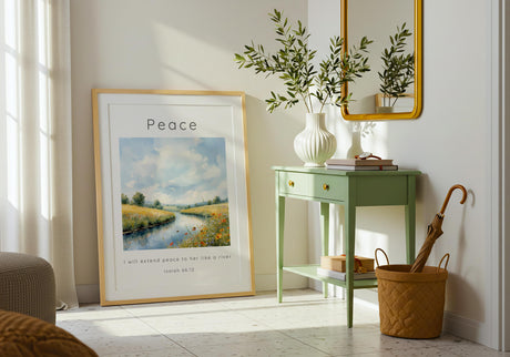 Isaiah 66:12 – Nature-inspired Christian print with bees, flowers, and water.
