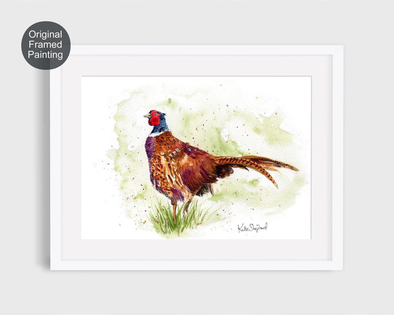 Watercolour painting of a pheasant with rich brown and red plumage.