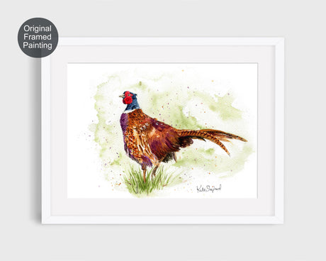 Watercolour painting of a pheasant with rich brown and red plumage.