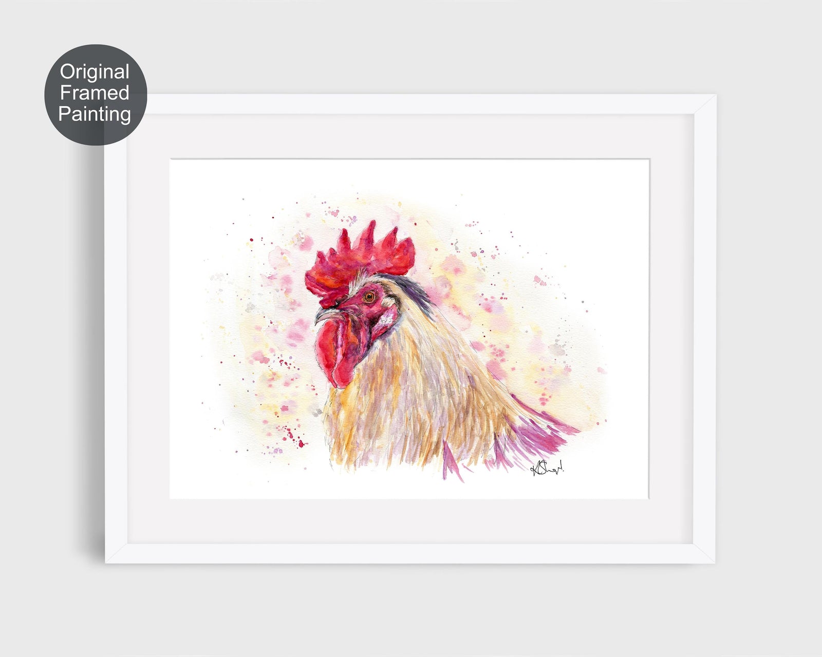 Unique watercolour rooster painting, framed and ready to hang.
