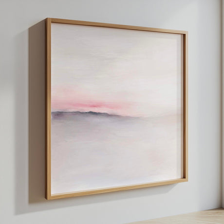 Modern pastel horizon print blending pink sky with muted grey land.