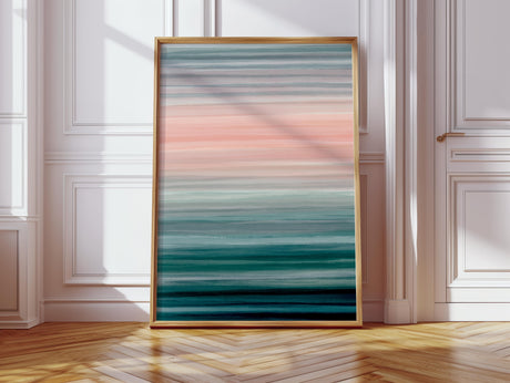 Modern, atmospheric striped painting reflecting winter’s beauty in bold hues.