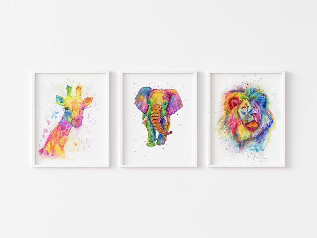 Joyful Rainbow Animal Prints Collection: Infuse your space with vibrant colors and whimsical charm through playful watercolor depictions of adorable animals