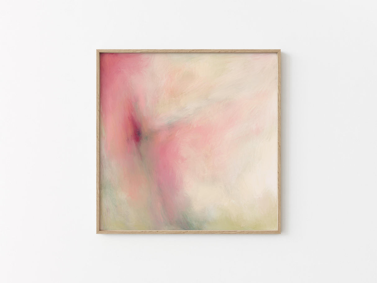 Abstract floral-inspired print in peach and cream with green accents