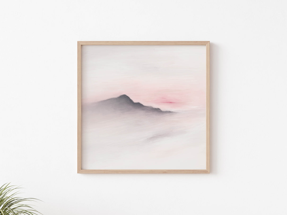 Mountain silhouette abstract artwork with blush sky tones.