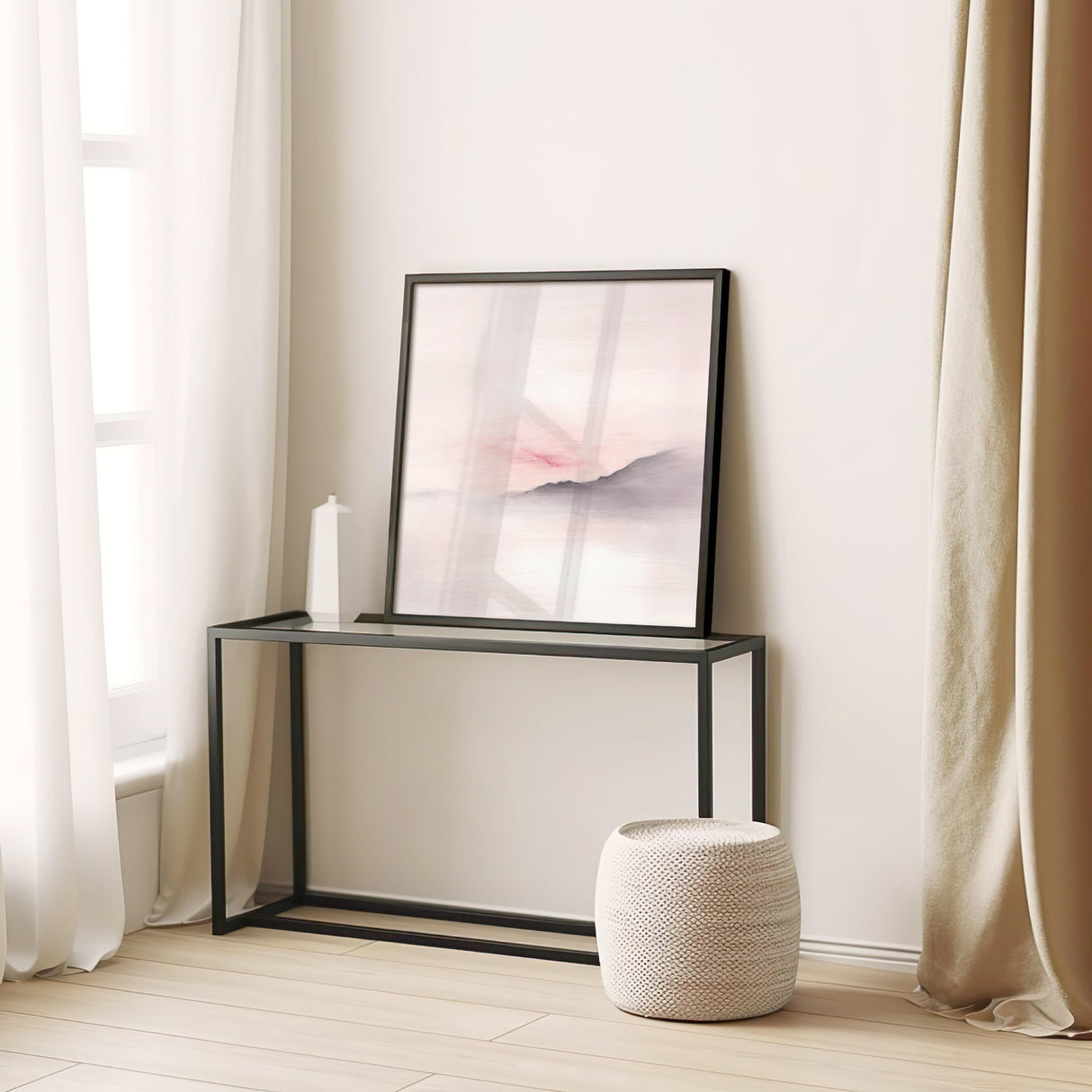 Minimalist mountain artwork in soft blush tones.