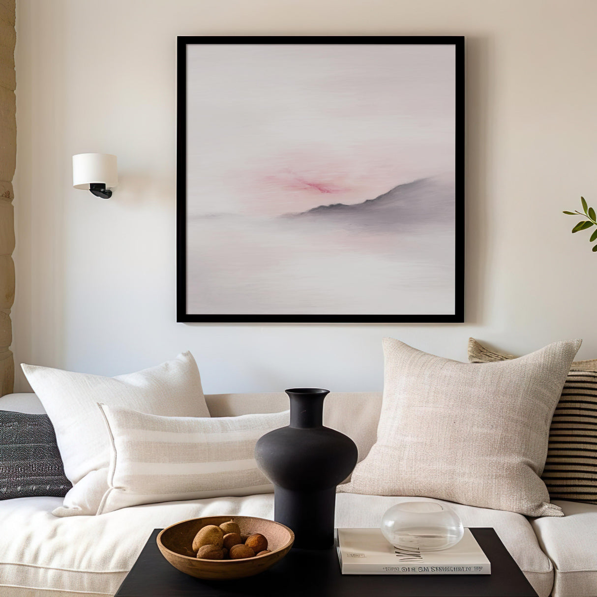 Calming pink and grey abstract landscape print.