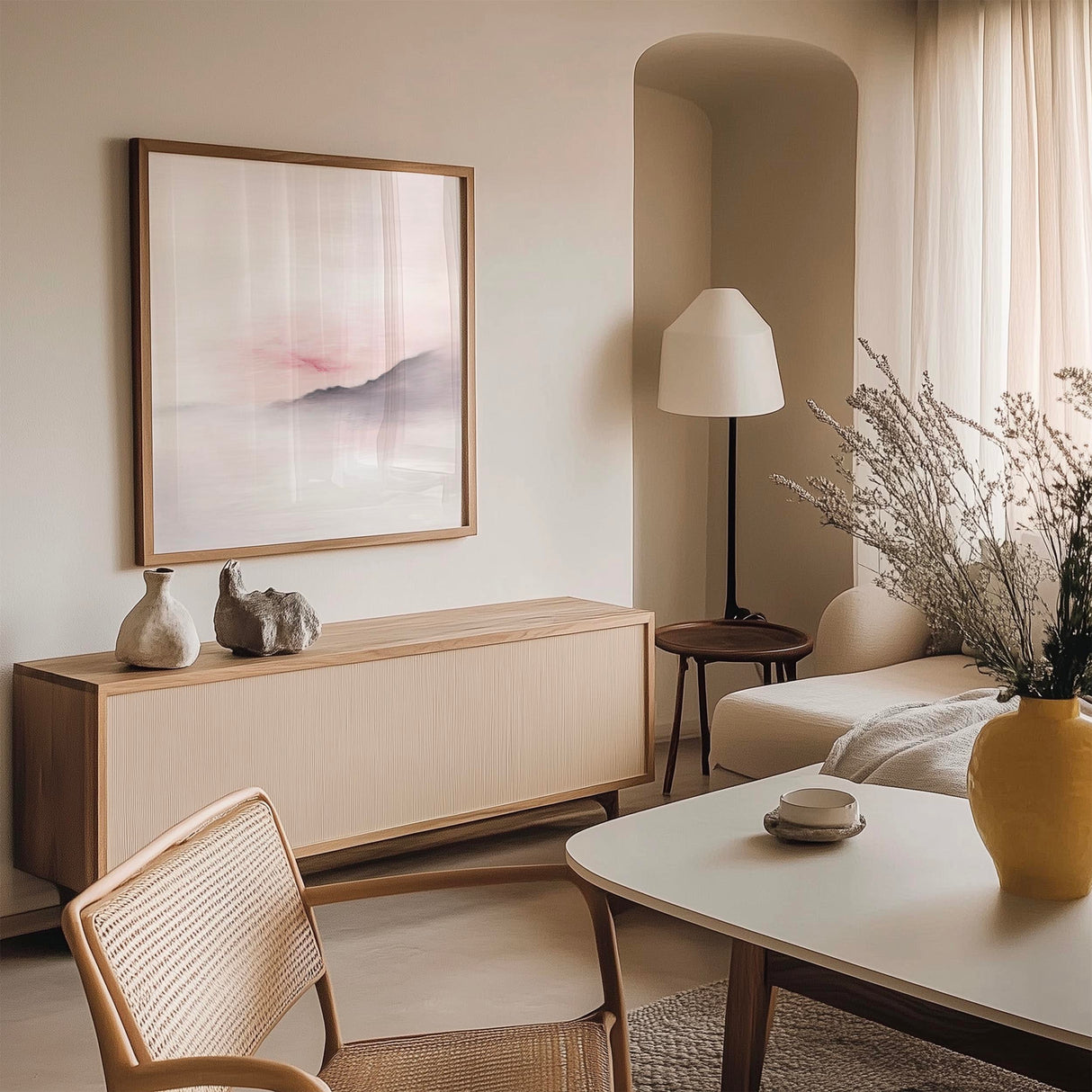 Soft pink sunset wall art featuring a rising hill.