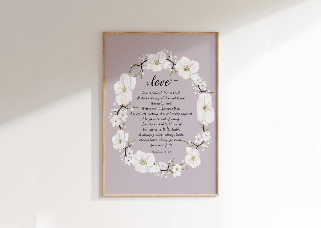 Elegant Grey Wall Art with 1 Corinthians 13 Scripture, Personalised Wedding Date Print with Love is Patient Quote
