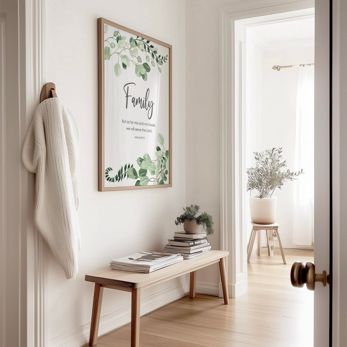 Joshua 24 15 Christian art print with faith-centered verse framed by graceful green leaves and flowers.