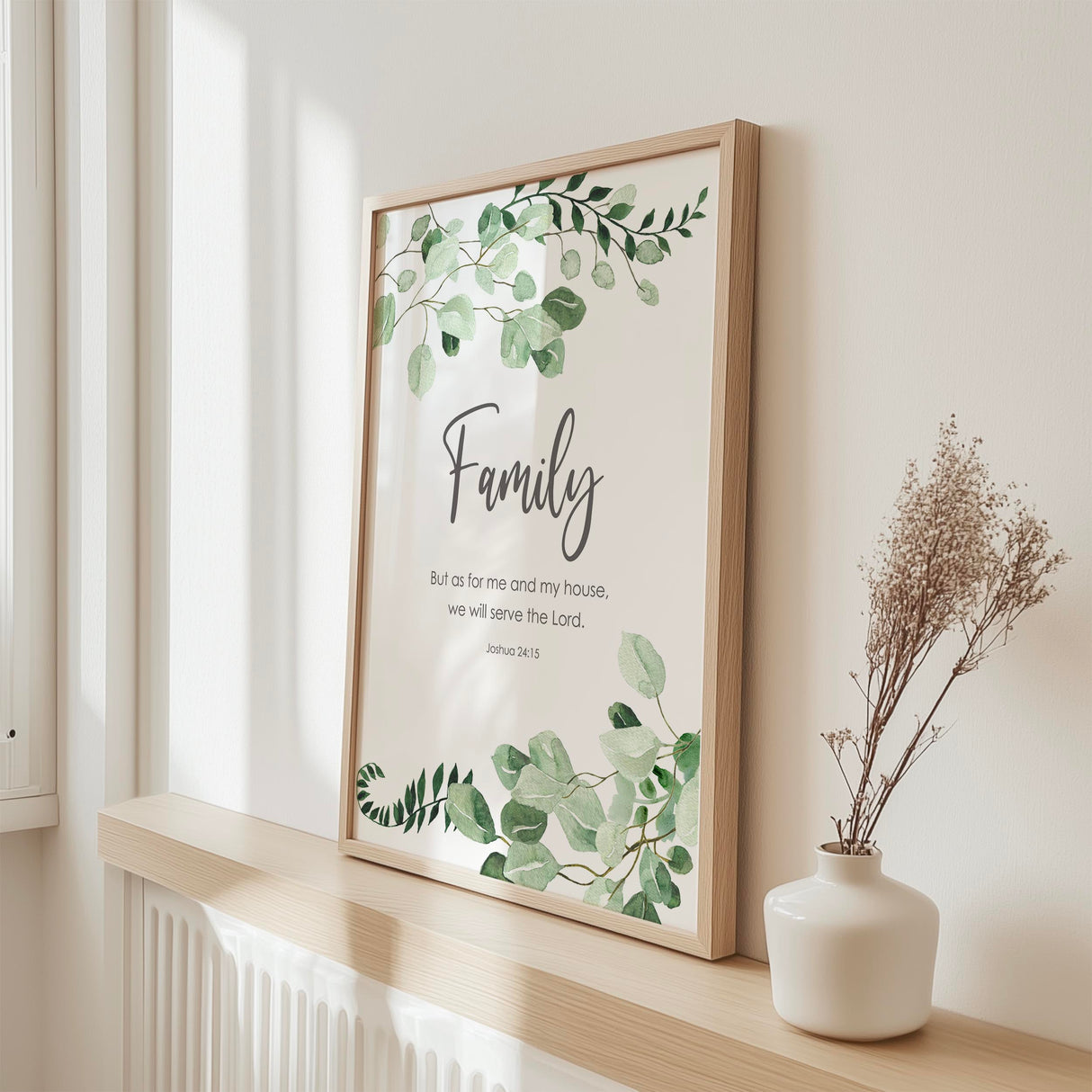 Botanical wall art print with Joshua 24 15 Bible verse about serving the Lord and faith-filled family life.
