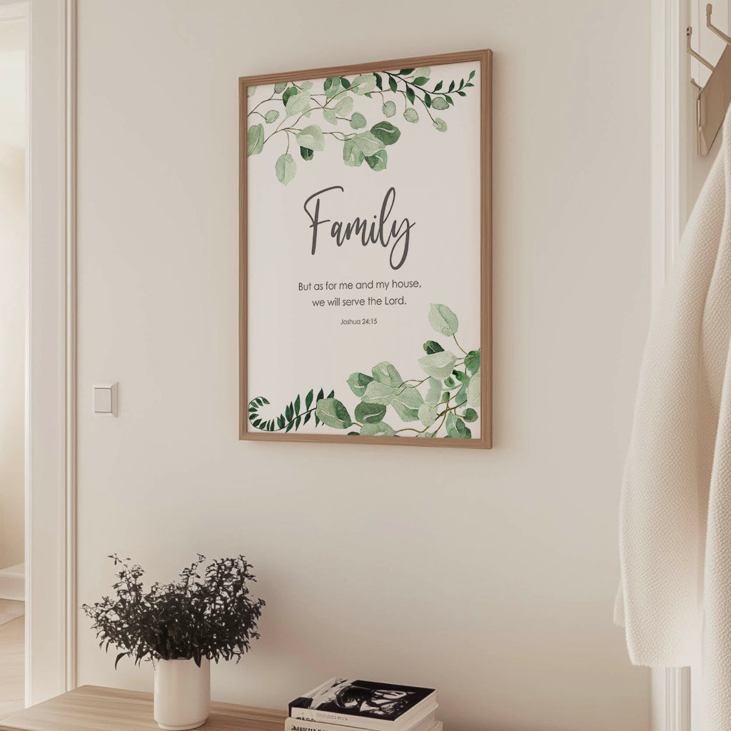 Elegant Bible verse print for Christian hallway with Joshua 24 15 and delicate botanical illustration.
