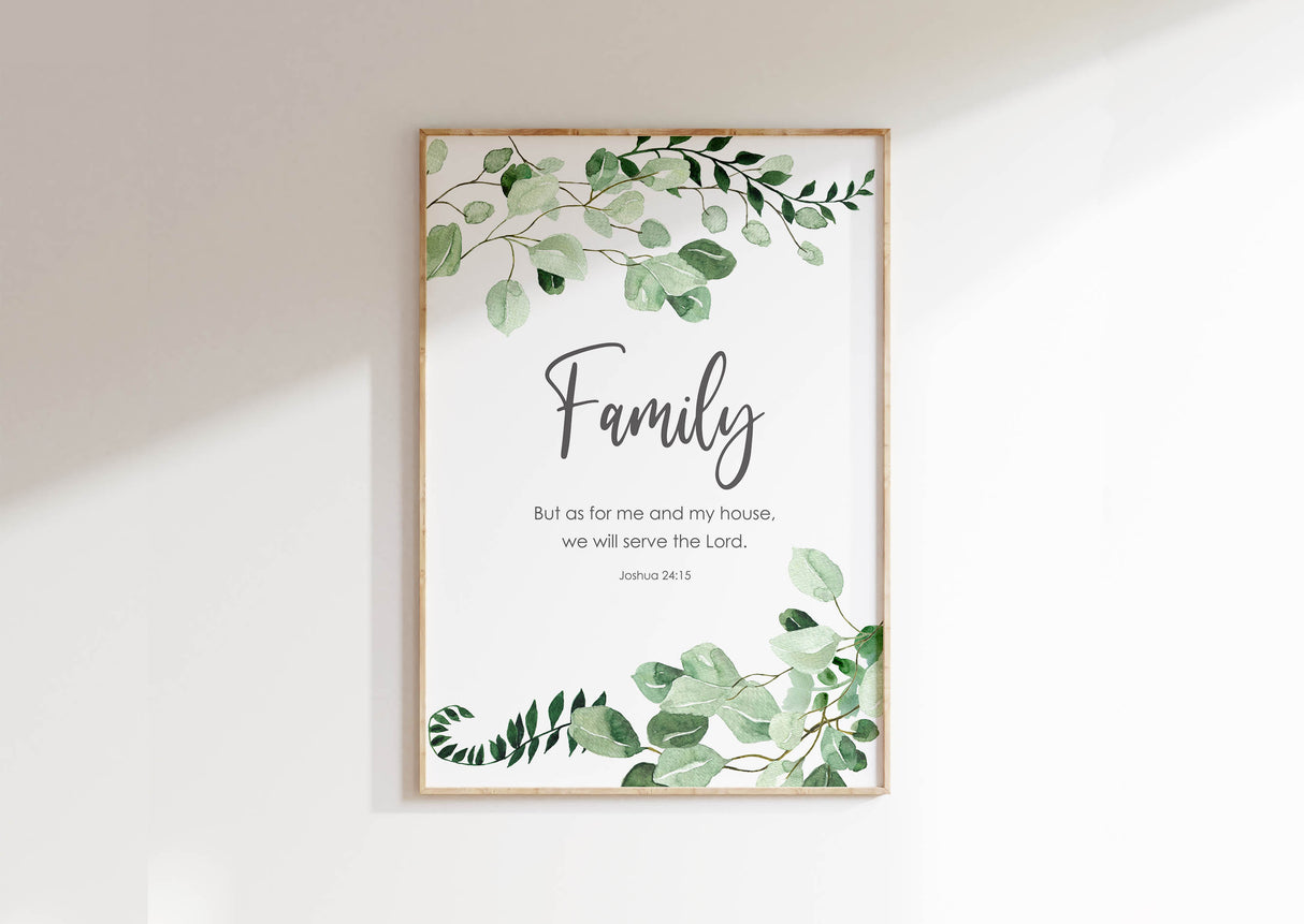 Inspiring family declaration print with Joshua 24 15 verse and botanical accents for a faithful household