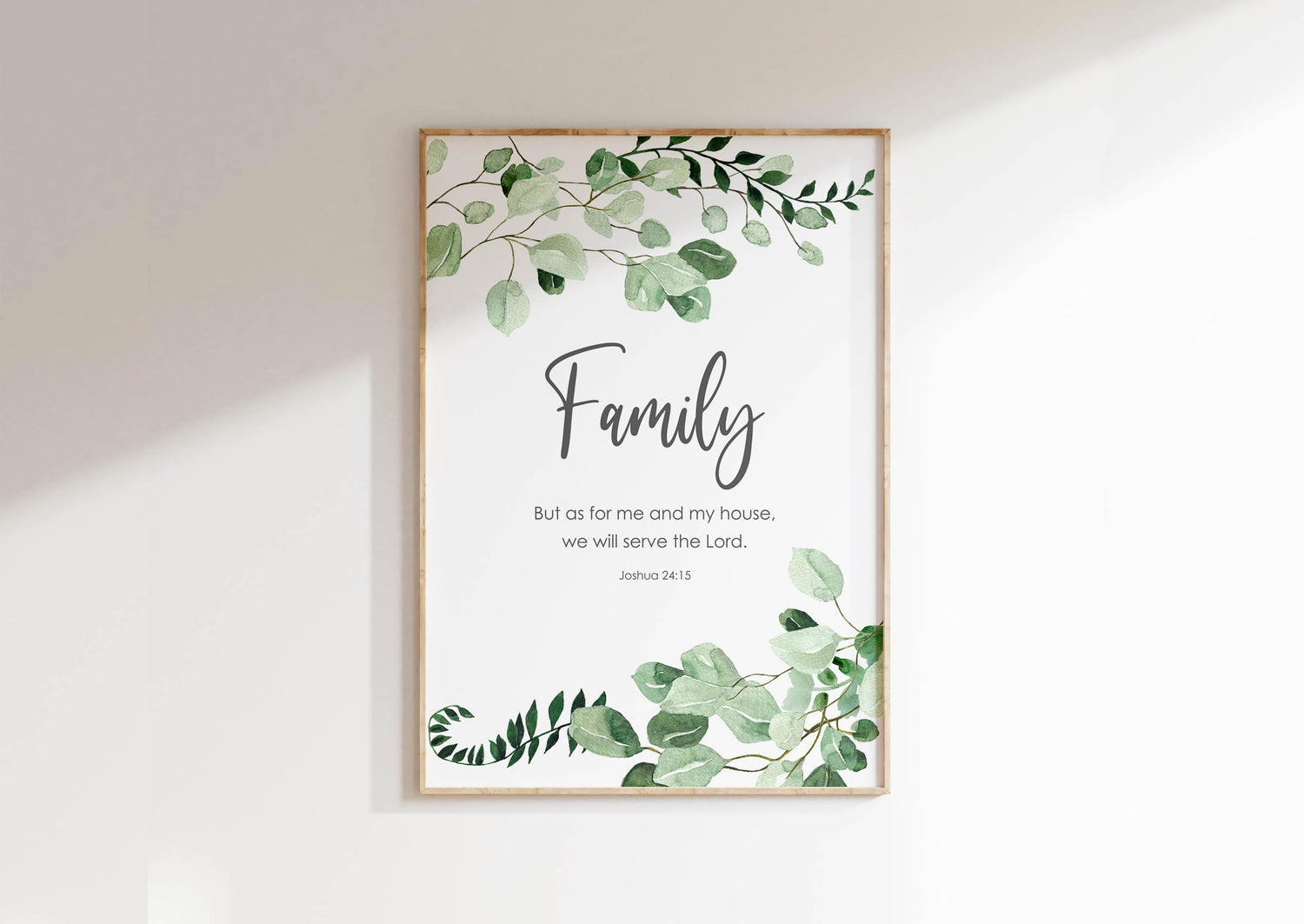 Inspiring family declaration print with Joshua 24 15 verse and botanical accents for a faithful household