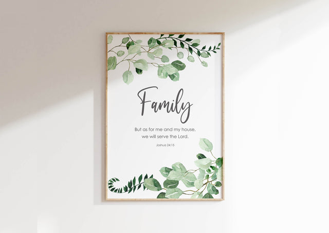 Inspiring family declaration print with Joshua 24 15 verse and botanical accents for a faithful household