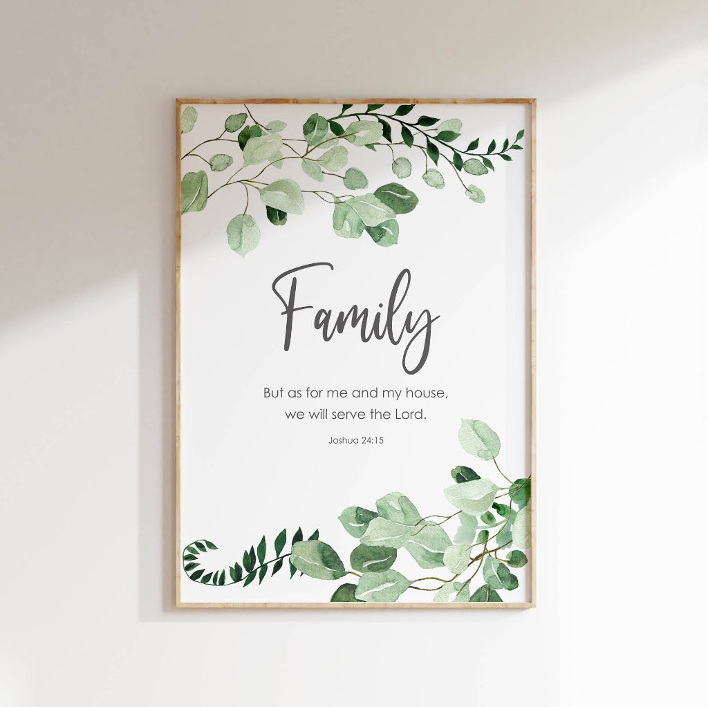 Inspiring family declaration print with Joshua 24 15 verse and botanical accents for a faithful household