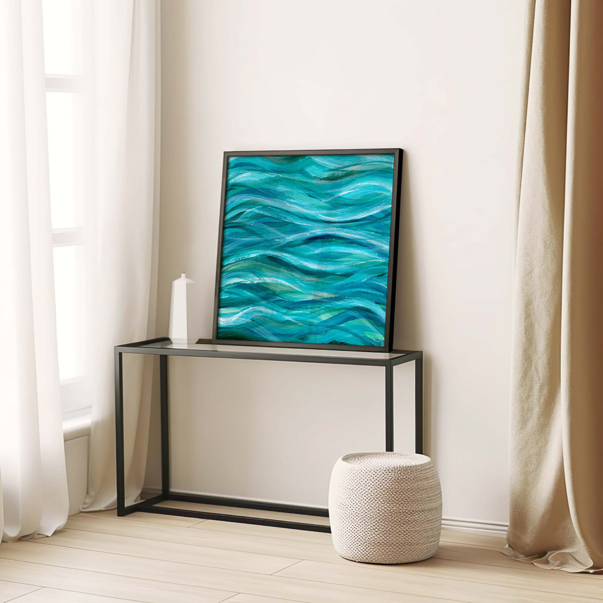 Modern abstract seascape artwork featuring sweeping ocean waves.