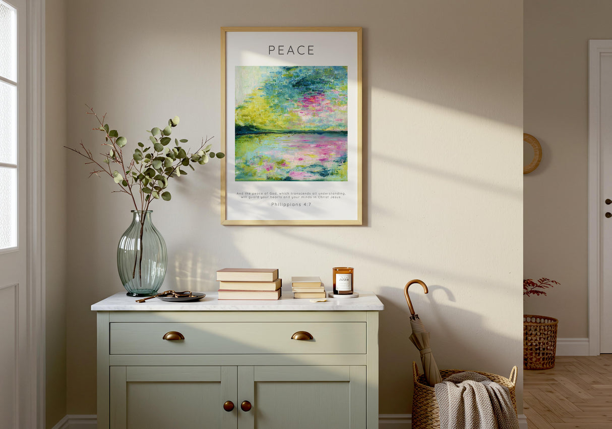 Peace Bible quote print with tranquil water inspired background.