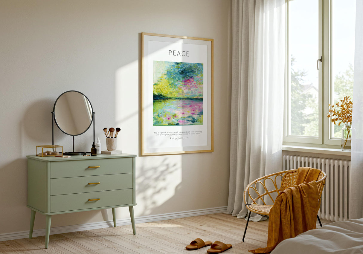 Philippians 4:7 wall art with calm blue abstract design.