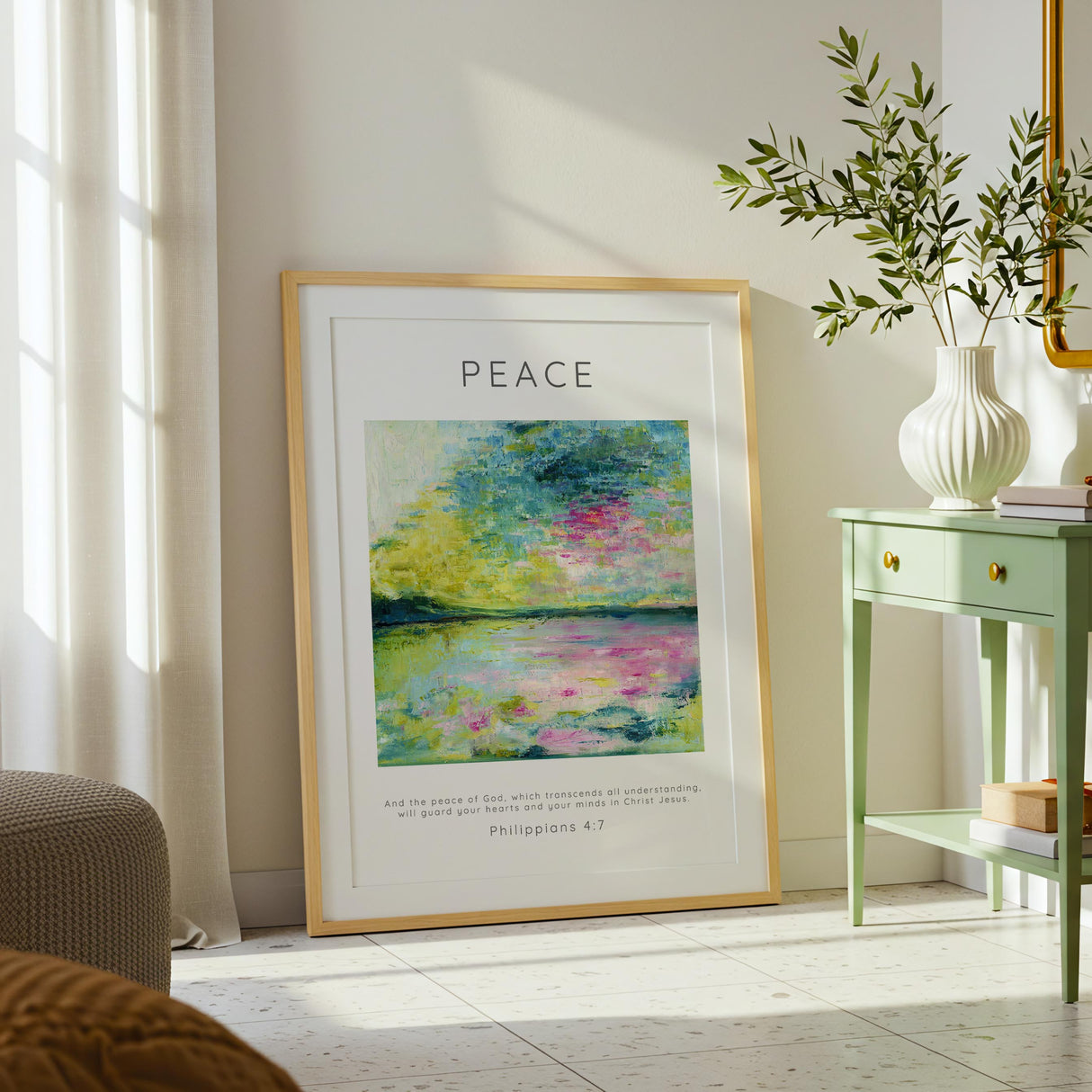 Peace Philippians 4:7 Bible verse print with ocean painting background.