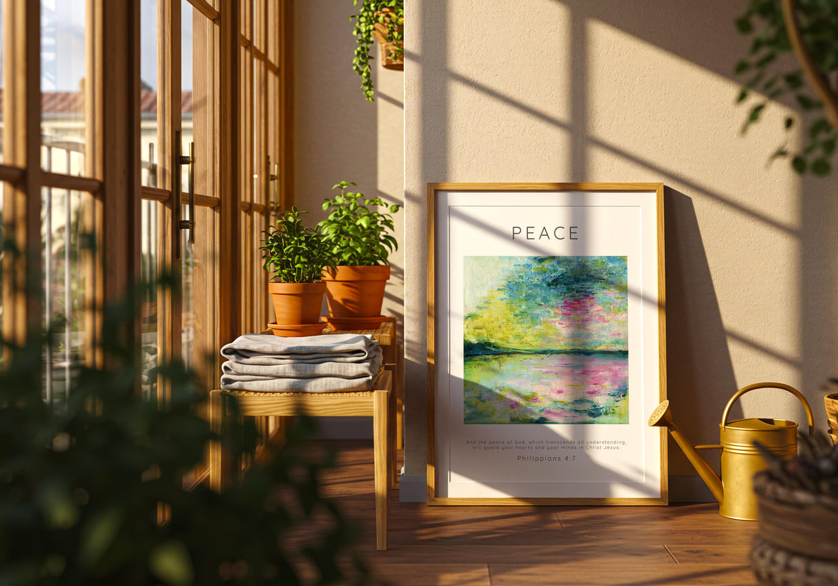 Peace of God Bible verse art print in calming blue and teal tones.