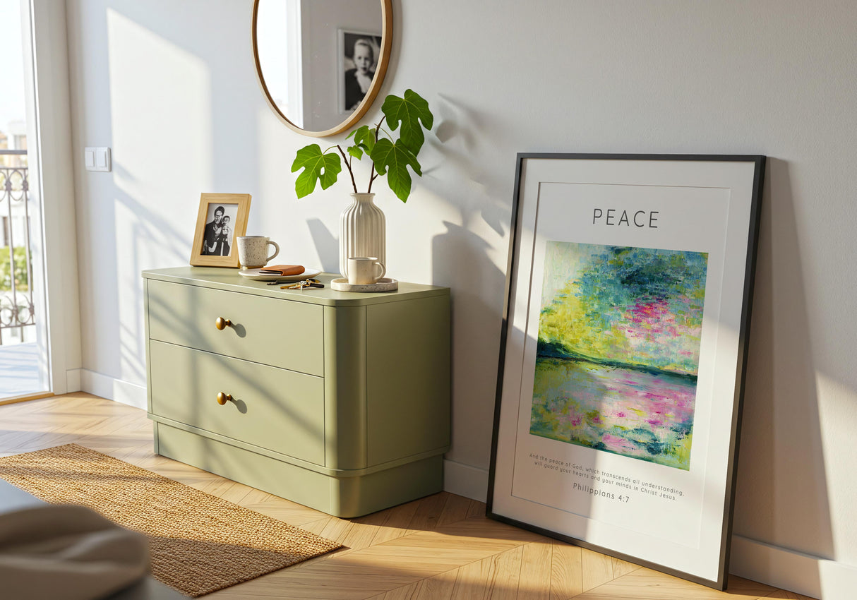 Faith inspired wall art print with Peace typography and seascape.