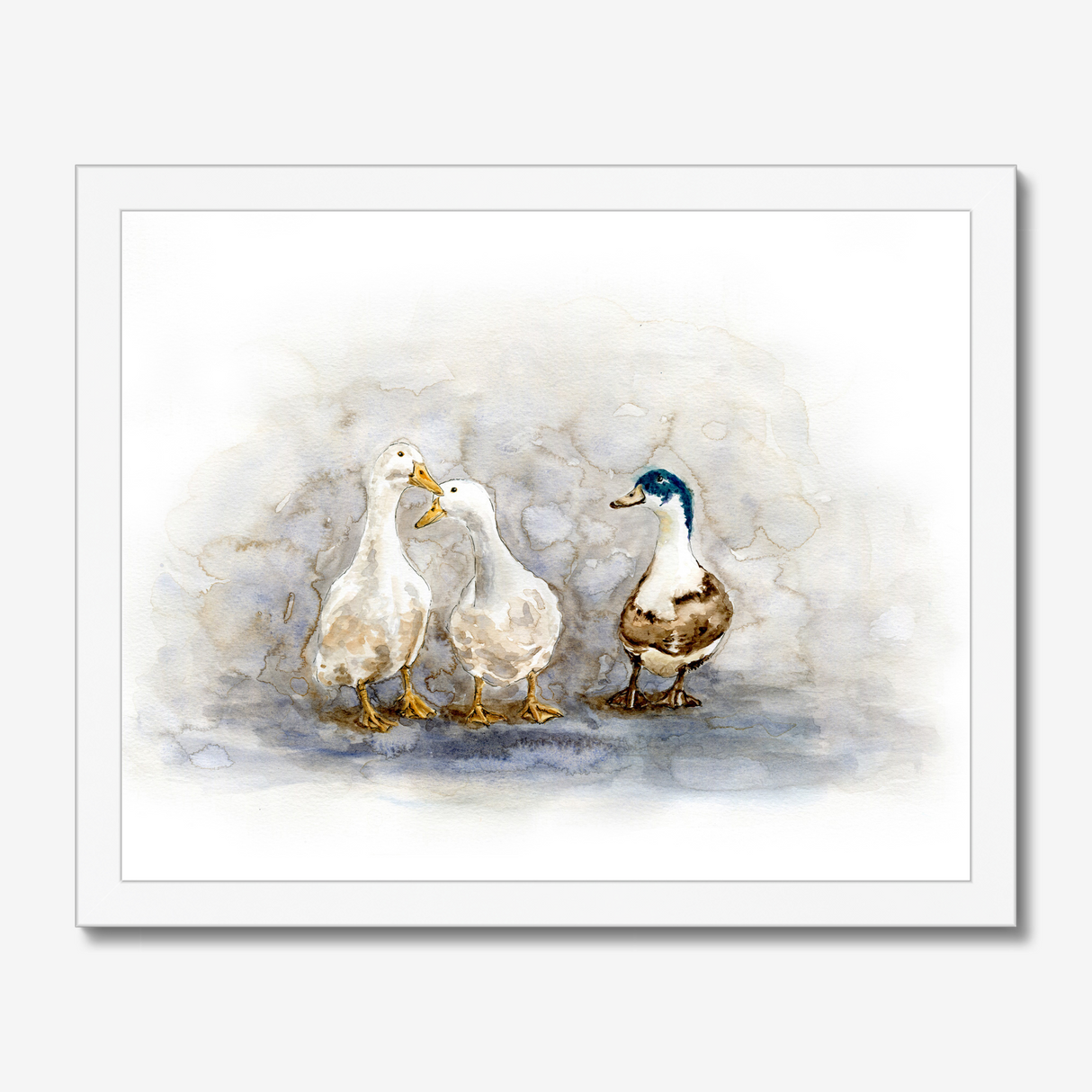 'Feathered Friends' - Duck print showing three characterful ducks in soft watercolour tones, birds wall art cottage inspiration by Crafty Cow Design.