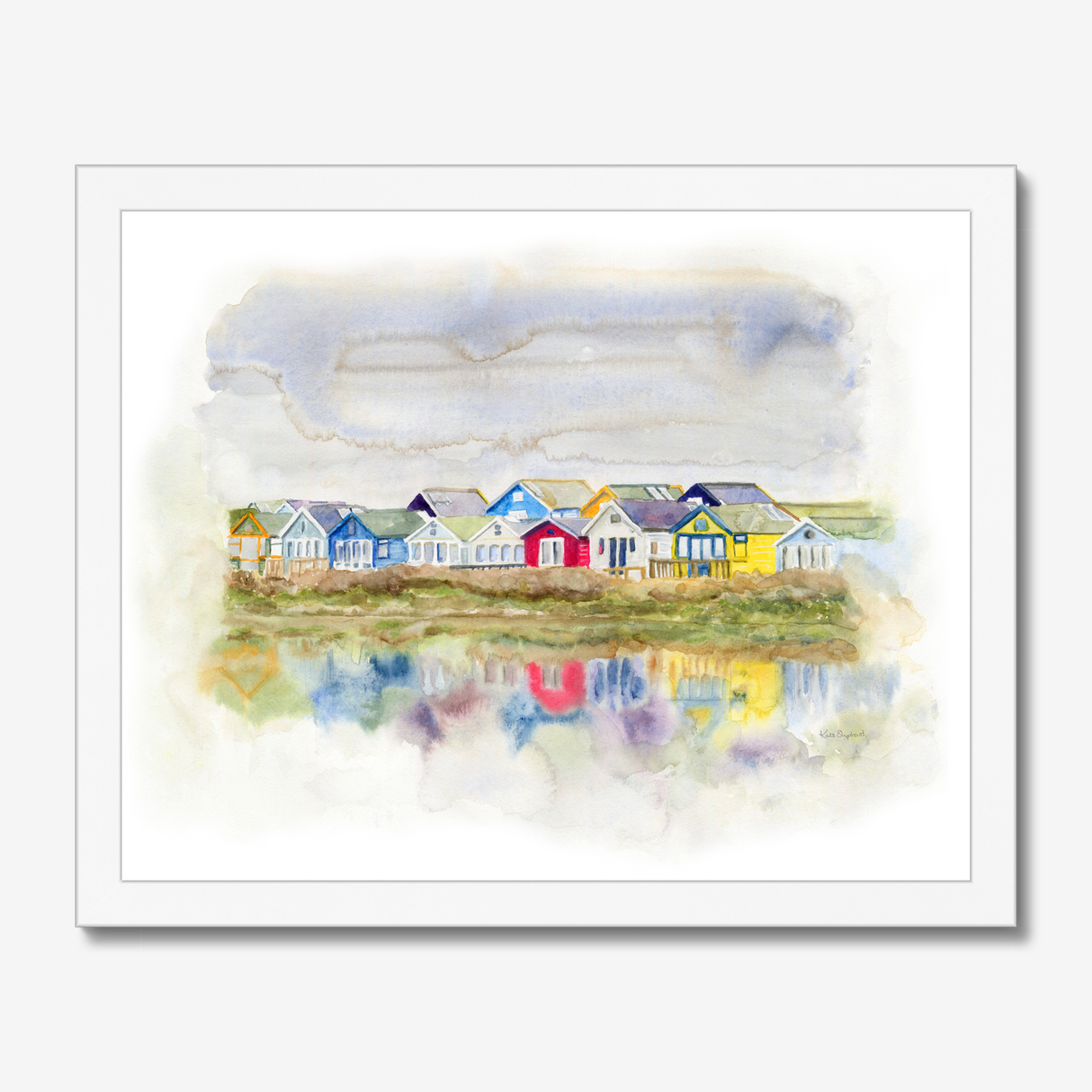 'Beach Huts 1' - A loose watercolour beach huts print of Mudeford Spit beach huts — Dorset prints and colourful seaside home decor with soft dreamy reflections, by Crafty Cow Design.