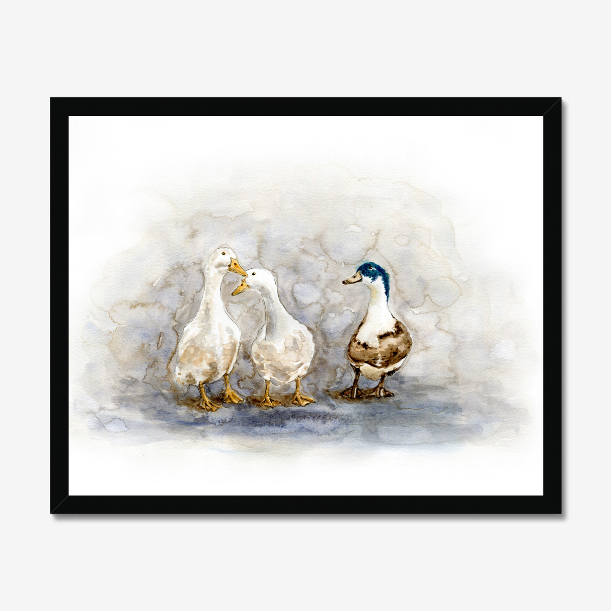'Feathered Friends' - Duck print showing three characterful ducks in soft watercolour tones, birds wall art cottage inspiration by Crafty Cow Design.
