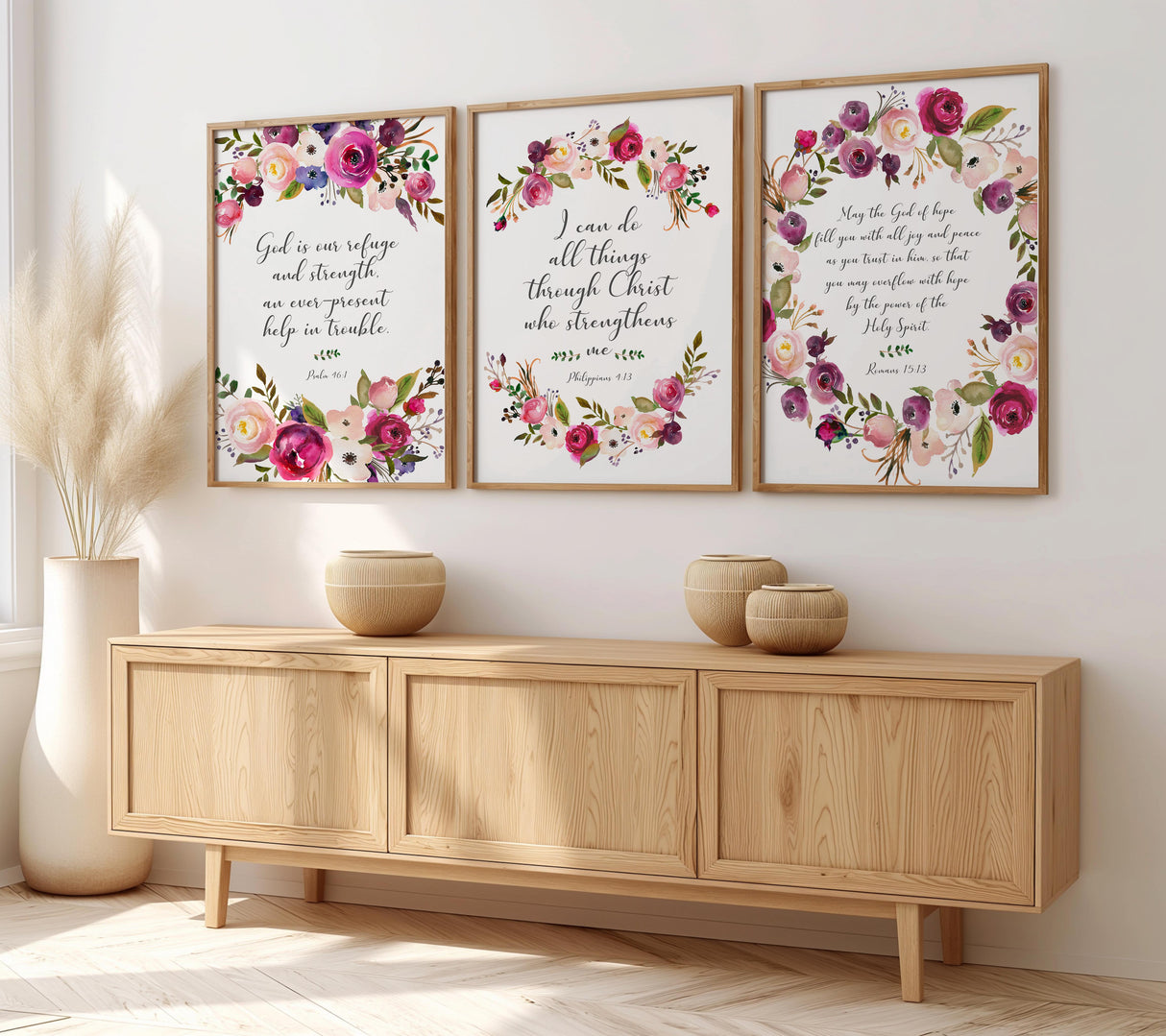 Christian floral wall art print set with empowering Bible verses and beautiful botanical artwork.