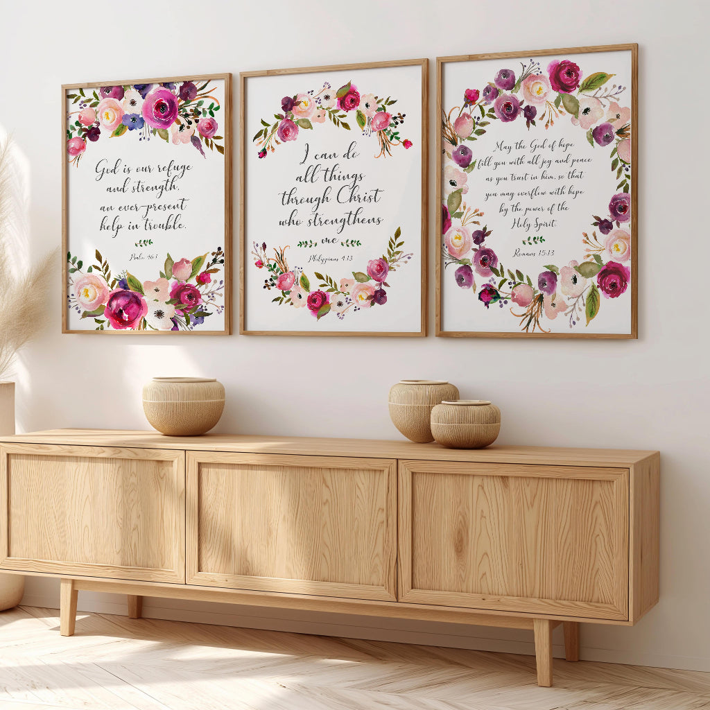 Christian floral wall art print set with empowering Bible verses and beautiful botanical artwork.