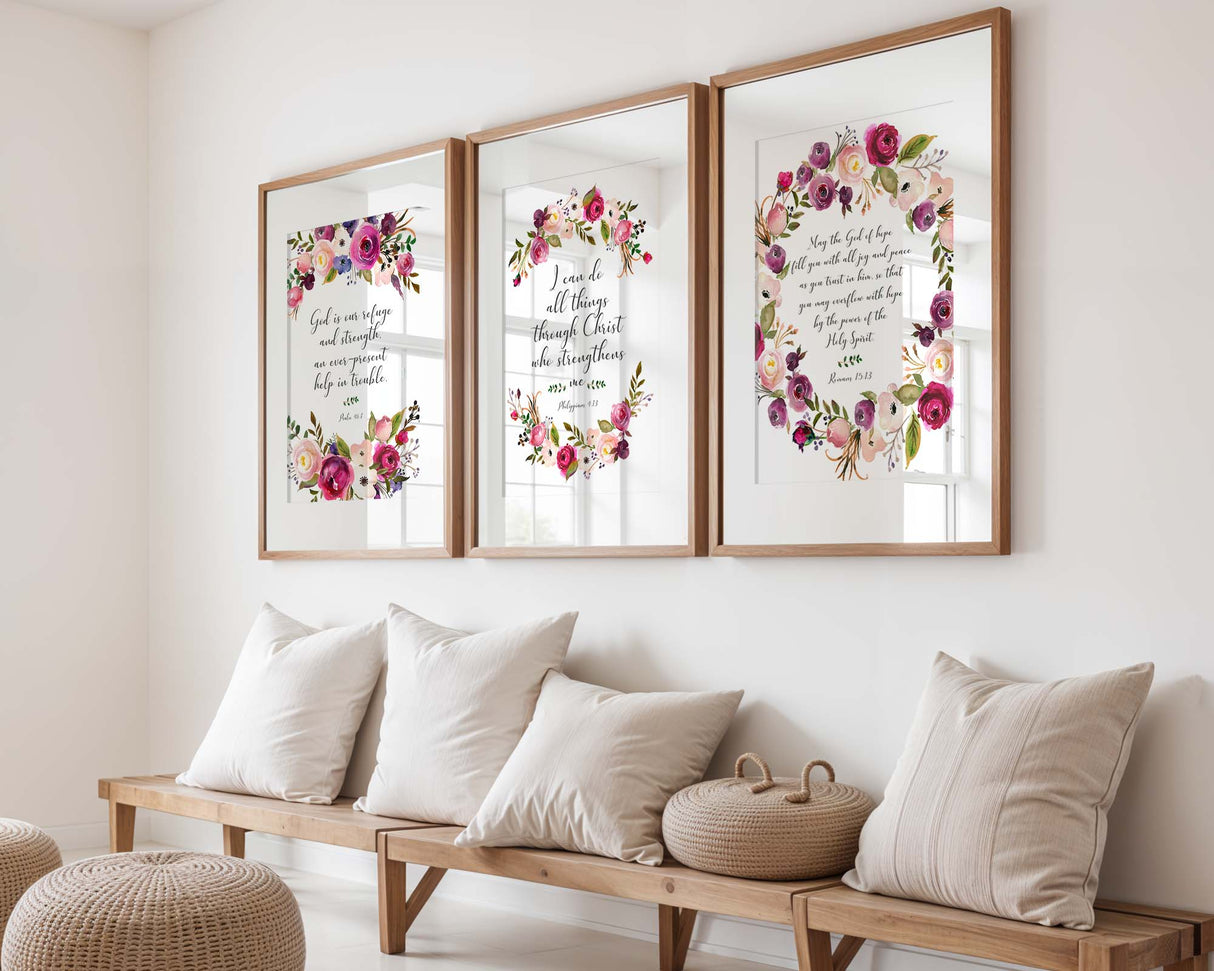 Pink and burgundy floral Bible verse wall art featuring Psalm 46:1, Philippians 4:13, and Romans 15:13.