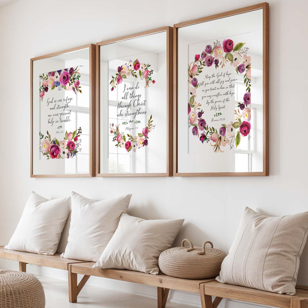 Pink and burgundy floral Bible verse wall art featuring Psalm 46:1, Philippians 4:13, and Romans 15:13.