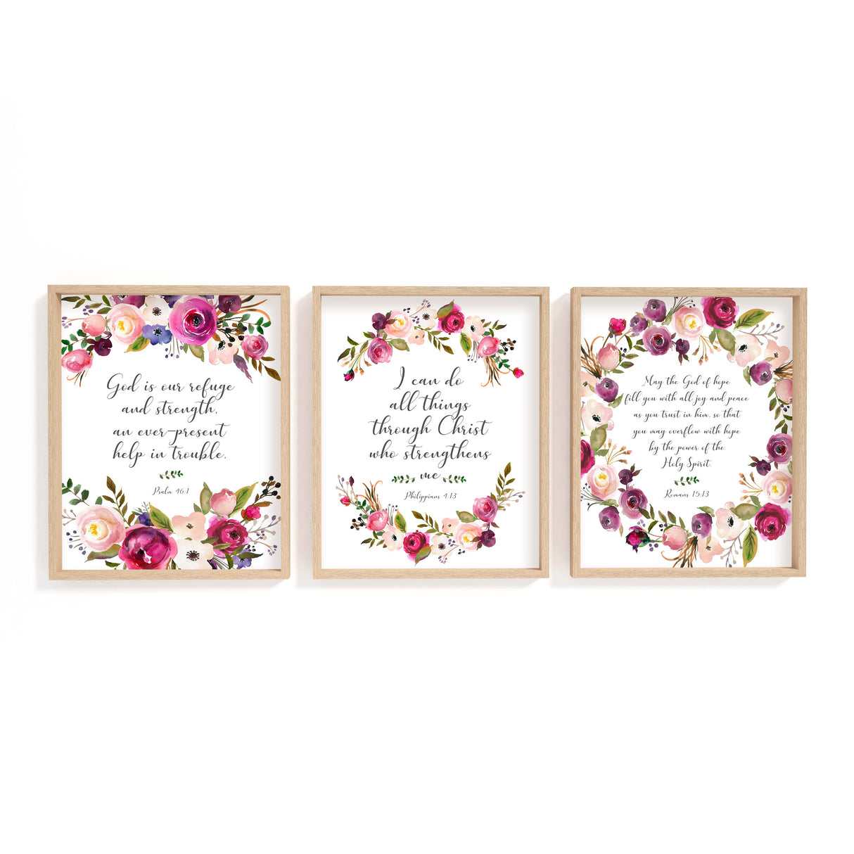 Set of 3 Christian prints with scripture and elegant hand-painted flowers in pink and burgundy.