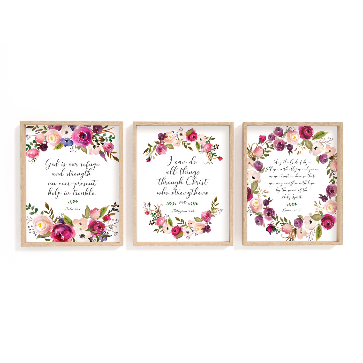 Set of 3 Christian prints with scripture and elegant hand-painted flowers in pink and burgundy.