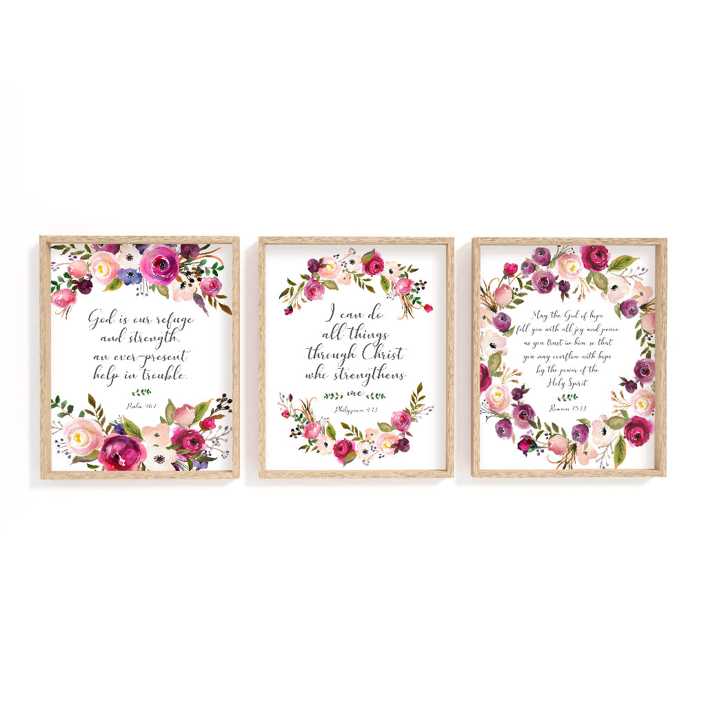 Set of 3 Christian prints with scripture and elegant hand-painted flowers in pink and burgundy.