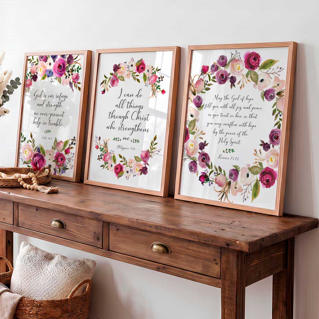 Christian floral wall art print set with empowering Bible verses and beautiful botanical artwork.