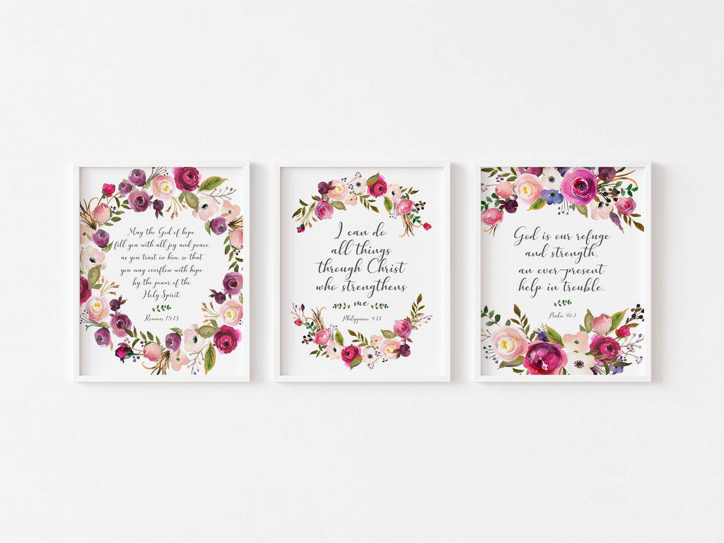 Encouraging Bible verses with floral illustrations in shades of pink and burgundy, Pink and burgundy floral Scripture prints