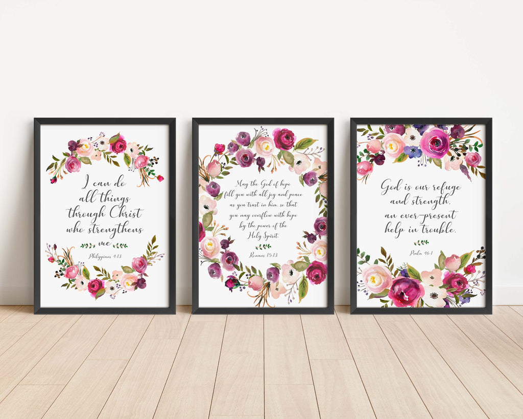 Pink and burgundy floral prints showcasing powerful Bible verses, Christian home decor with pink and burgundy flowers and uplifting scriptures