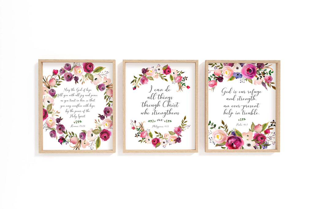 Pink and burgundy flower-themed Bible verse prints for home decor, Christian prints featuring quotes and floral motifs in pink